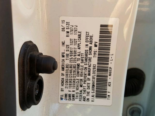 5J6RM4H7XFL092983 - 2015 HONDA CR-V EXL 白色 照片 10