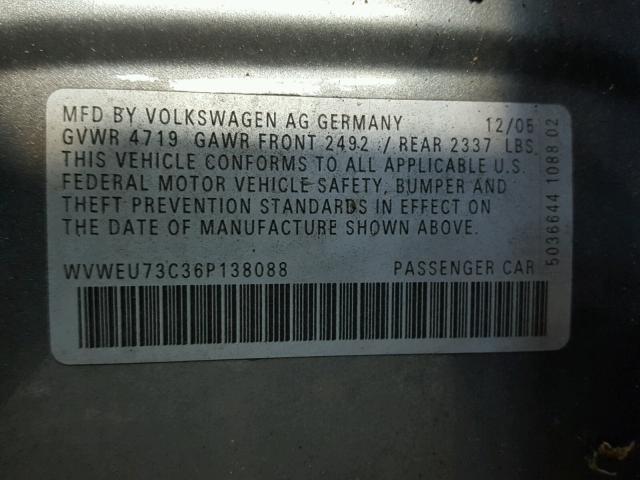 WVWEU73C36P138088 - 2006 VOLKSWAGEN PASSAT 3.6 GRAY photo 10