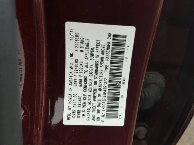 1HGCR2F30EA051372 - 2014 HONDA ACCORD LX RED photo 10