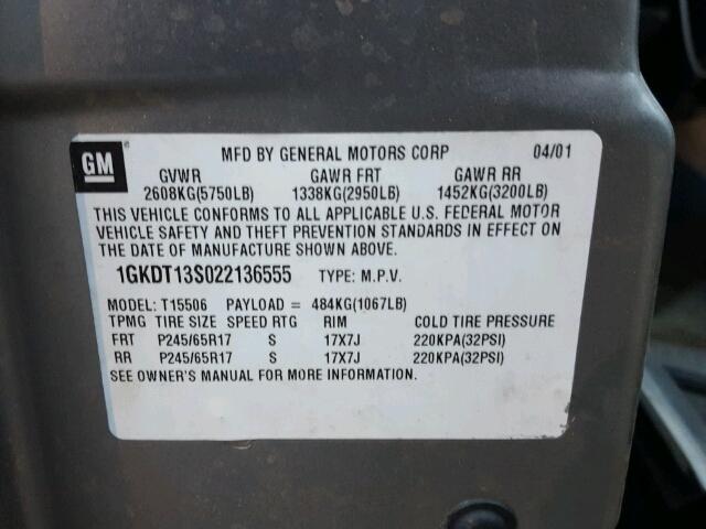 1GKDT13S022136555 - 2002 GMC ENVOY Boz foto 10