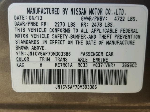 JN1CV6AP7DM303386 - 2013 INFINITI G37 BASE GRAY photo 10