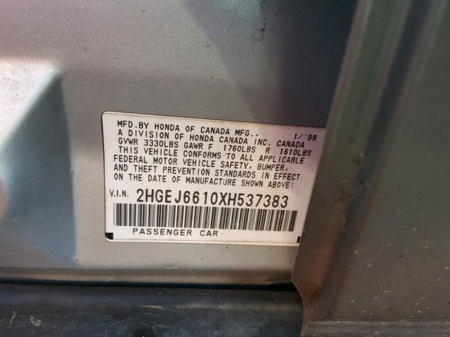 2HGEJ6610XH537383 - 1999 HONDA CIVIC BASE SILVER photo 10