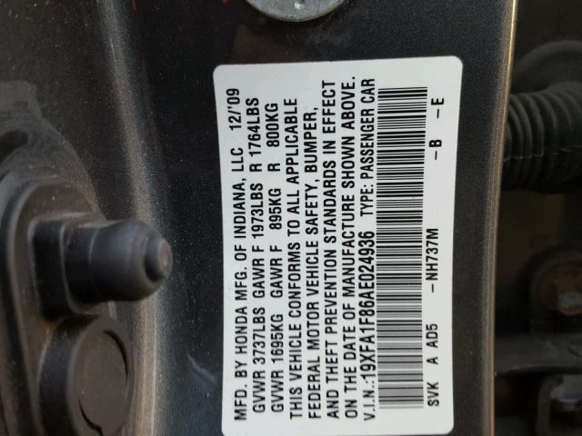 19XFA1F86AE024936 - 2010 HONDA CIVIC EX GRAY photo 10