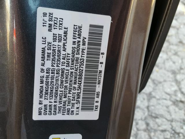 5FNRL5H4XBB027553 - 2011 HONDA ODYSSEY EX GRAY photo 10