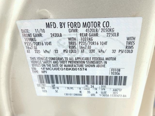 1FMCU0EG1BKB01574 - 2011 FORD ESCAPE LIM GOLD photo 10