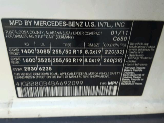 4JGBB8GB4BA692099 - 2011 MERCEDES-BENZ ML 350 4MA WHITE photo 10