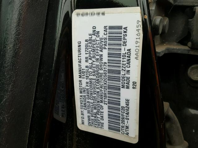 2T1BR12EX2C583179 - 2002 TOYOTA COROLLA CE BLACK photo 10