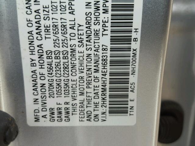 2HKRM4H74EH683187 - 2014 HONDA CR-V EXL SILVER photo 10