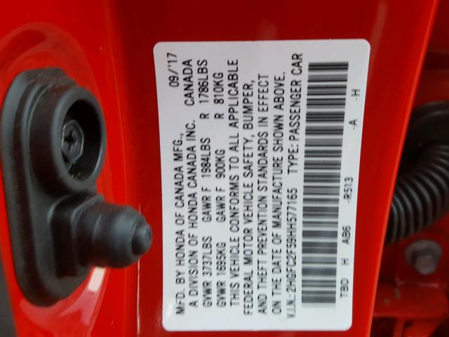 2HGFC2F59HH577165 - 2017 HONDA CIVIC LX RED photo 10