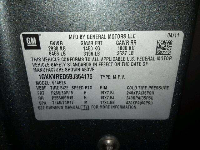 1GKKVRED6BJ364175 - 2011 GMC ACADIA SLT Boz foto 10