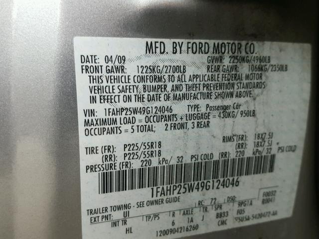 1FAHP25W49G124046 - 2009 FORD TAURUS LIM GRAY photo 10