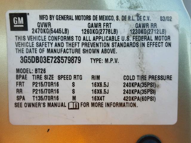 3G5DB03E72S579879 - 2002 BUICK RENDEZVOUS BEIGE photo 10