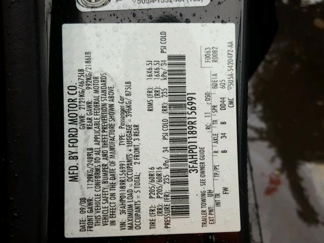 3FAHP01189R156991 - 2009 FORD FUSION SE BLACK photo 10