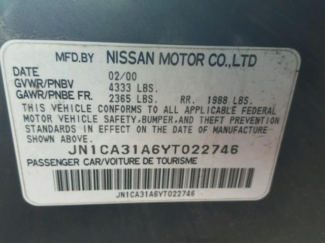 JN1CA31A6YT022746 - 2000 NISSAN MAXIMA GLE CHARCOAL photo 10