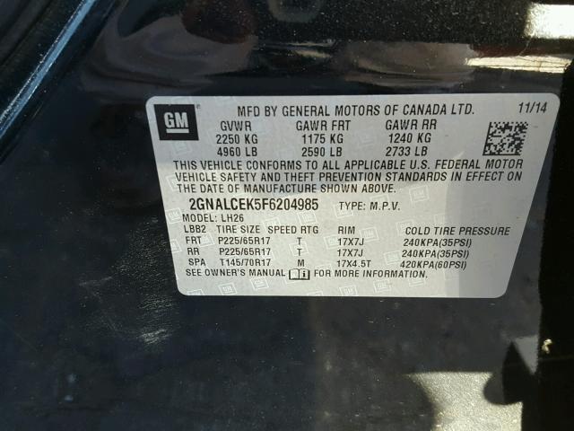 2GNALCEK5F6204985 - 2015 CHEVROLET EQUINOX LT BLACK photo 10