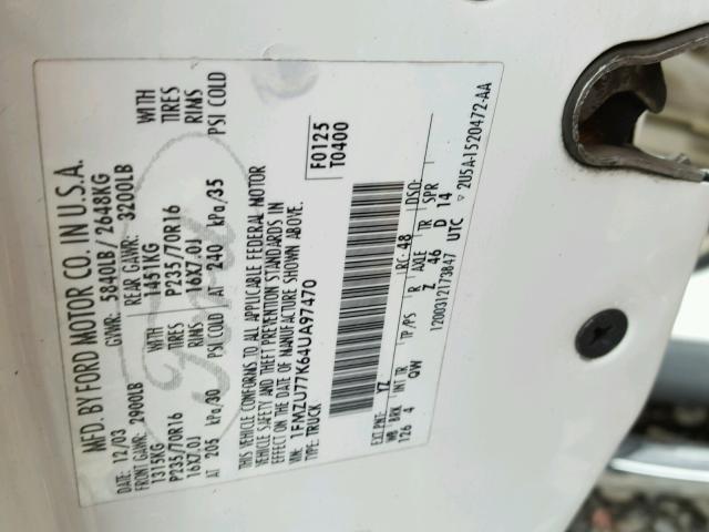 1FMZU77K64UA97470 - 2004 FORD EXPLORER S WHITE photo 10