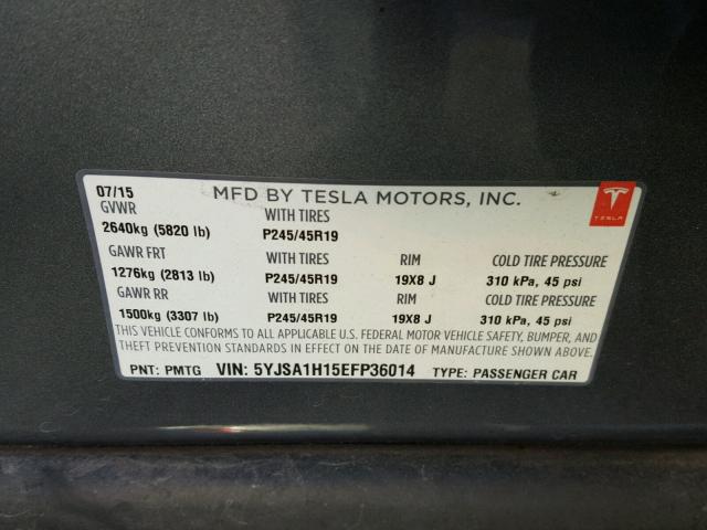 5YJSA1H15EFP36014 - 2014 TESLA MODEL S CHARCOAL photo 10
