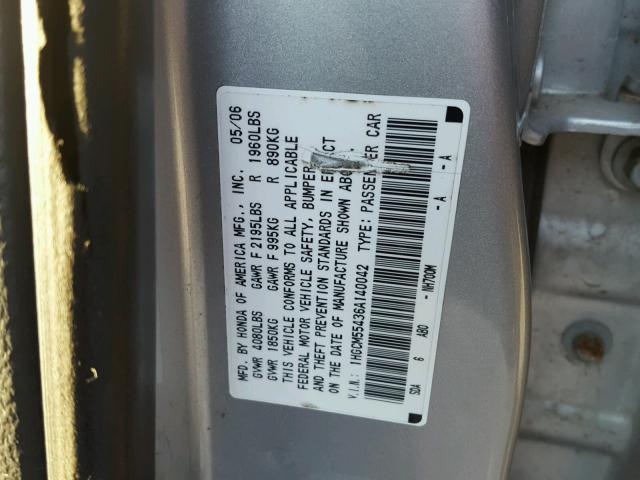 1HGCM55436A140042 - 2006 HONDA ACCORD LX GRAY photo 10