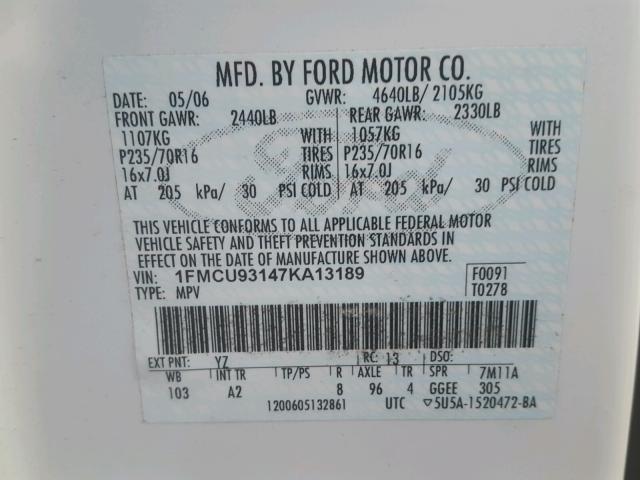 1FMCU93147KA13189 - 2007 FORD ESCAPE XLT WHITE photo 10