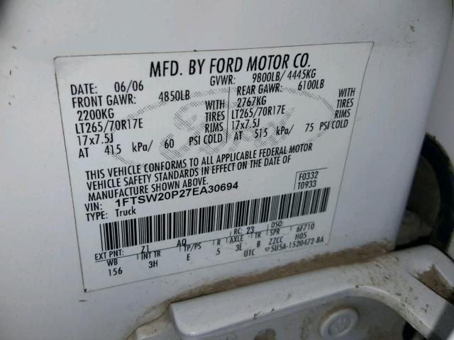 1FTSW20P27EA30694 - 2007 FORD F250 SUPER WHITE photo 10