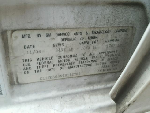 KL1TD56657B112759 - 2007 CHEVROLET AVEO BASE Biały zdjęcie 10