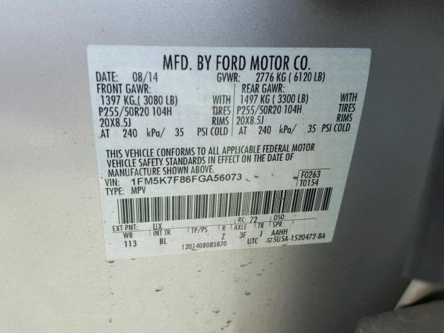 1FM5K7F86FGA56073 - 2015 FORD EXPLORER L SILVER photo 10