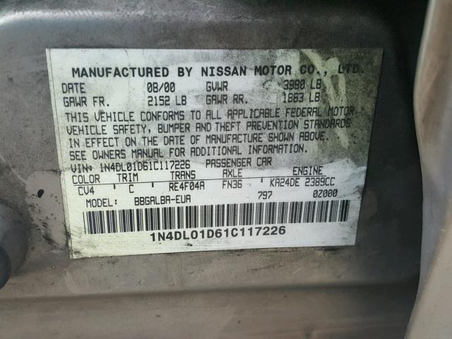 1N4DL01D61C117226 - 2001 NISSAN ALTIMA XE GOLD photo 10