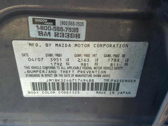 JM1BK324671749488 - 2007 MAZDA 3 S GRAY photo 10