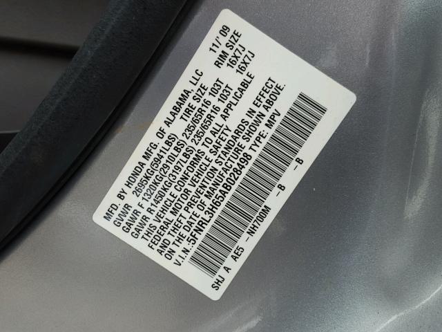 5FNRL3H65AB028498 - 2010 HONDA ODYSSEY EX SILVER photo 10