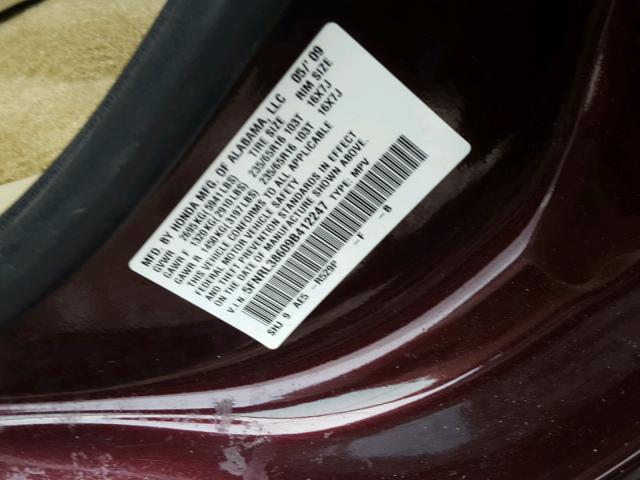 5FNRL38609B412247 - 2009 HONDA ODYSSEY EX BURGUNDY photo 10