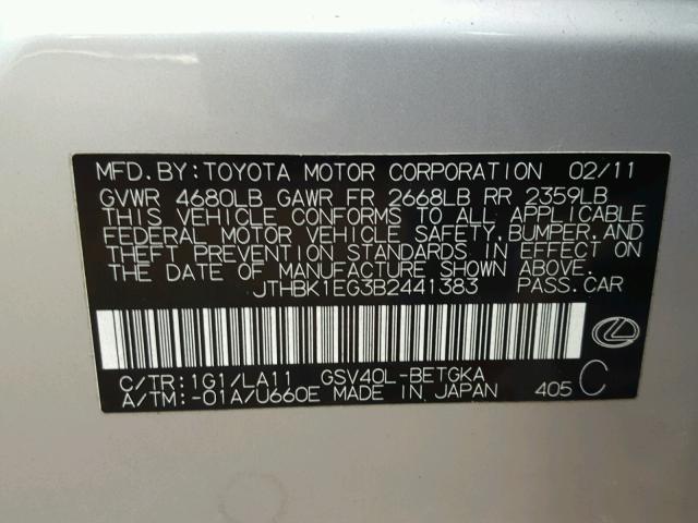 JTHBK1EG3B2441383 - 2011 LEXUS ES 350 SILVER photo 10