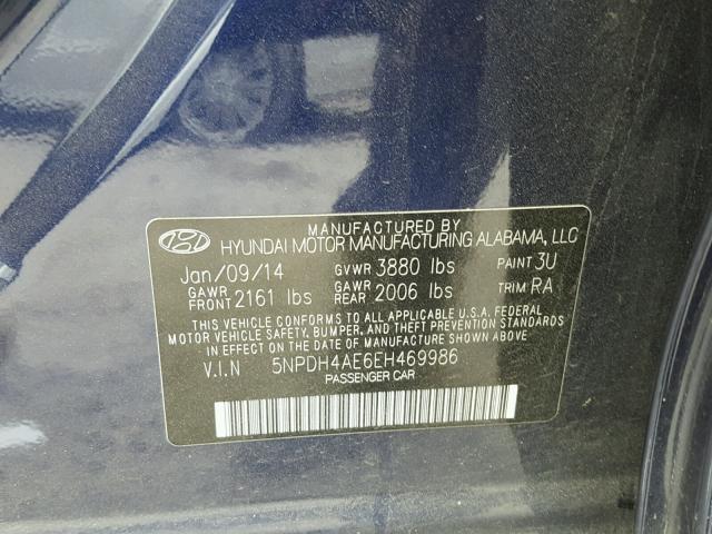 5NPDH4AE6EH469986 - 2014 HYUNDAI ELANTRA SE BLUE photo 10