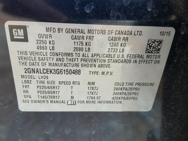 2GNALCEK3G6150488 - 2016 CHEVROLET EQUINOX LT BLACK photo 10