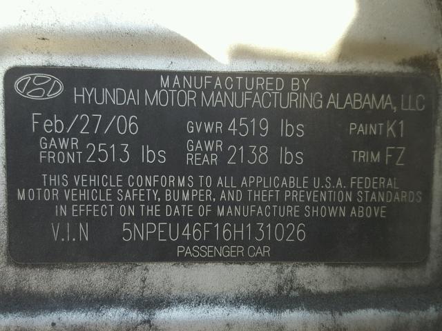 5NPEU46F16H131026 - 2006 HYUNDAI SONATA GLS SILVER photo 10