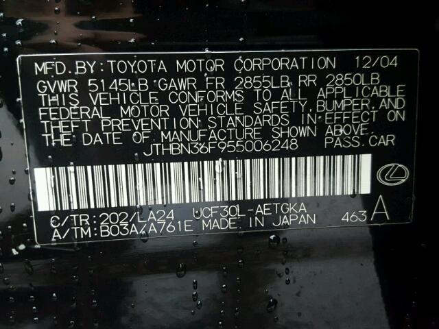 JTHBN36F955006248 - 2005 LEXUS LS 430 BLACK photo 10