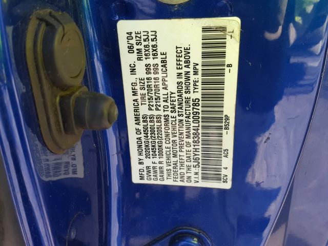 5J6YH18384L009785 - 2004 HONDA ELEMENT LX BLUE photo 10