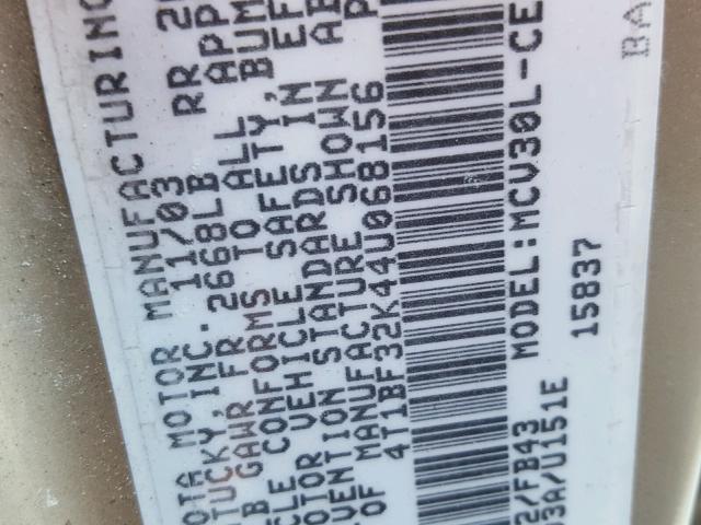 4T1BF32K44U068156 - 2004 TOYOTA CAMRY LE თაფლისფერი ფოტო 10