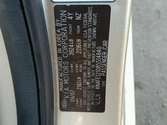 KNAFE121085514840 - 2008 KIA SPECTRA EX GOLD photo 10