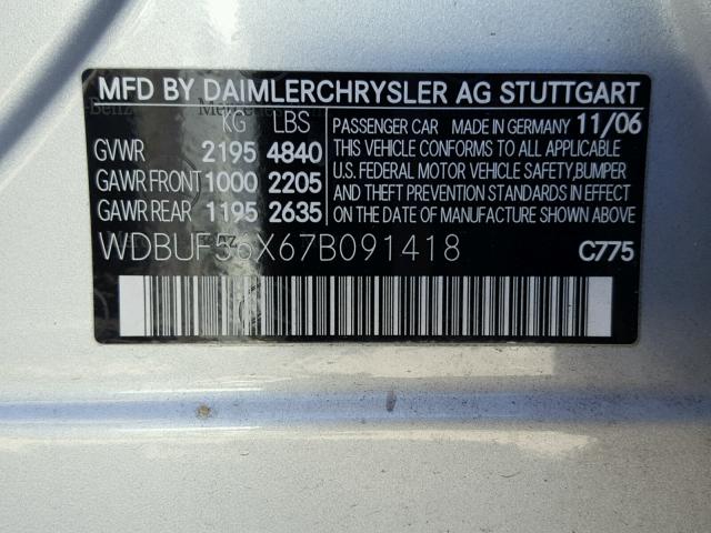 WDBUF56X67B091418 - 2007 MERCEDES-BENZ E 350 SILVER photo 10