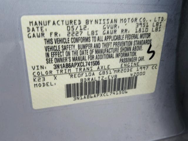 3N1AB6APXCL741506 - 2012 NISSAN SENTRA 2.0 SILVER photo 10