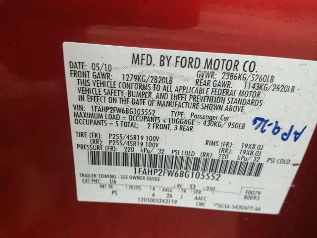 1FAHP2FW6BG105552 - 2011 FORD TAURUS LIM RED photo 10