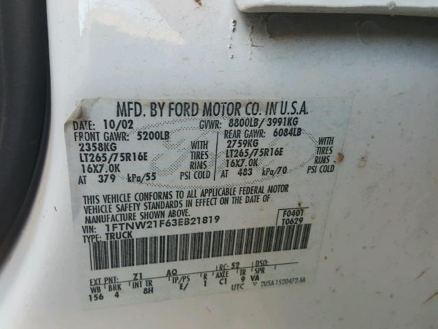 1FTNW21F63EB21819 - 2003 FORD F250 SUPER WHITE photo 10