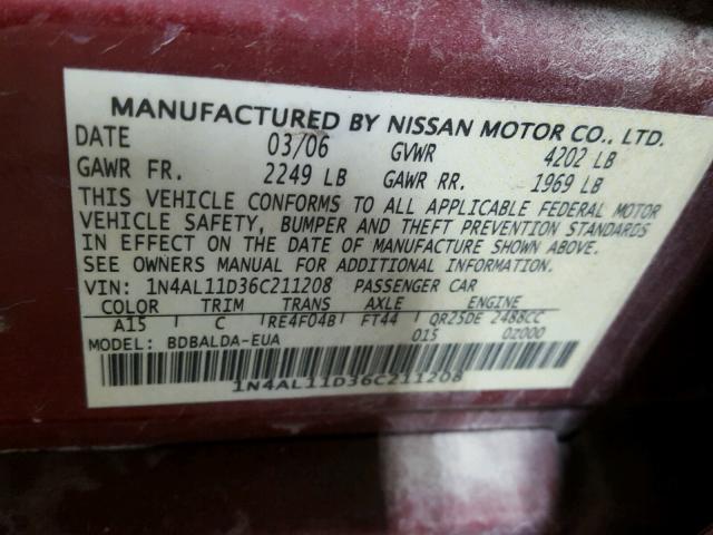 1N4AL11D36C211208 - 2006 NISSAN ALTIMA S RED photo 10