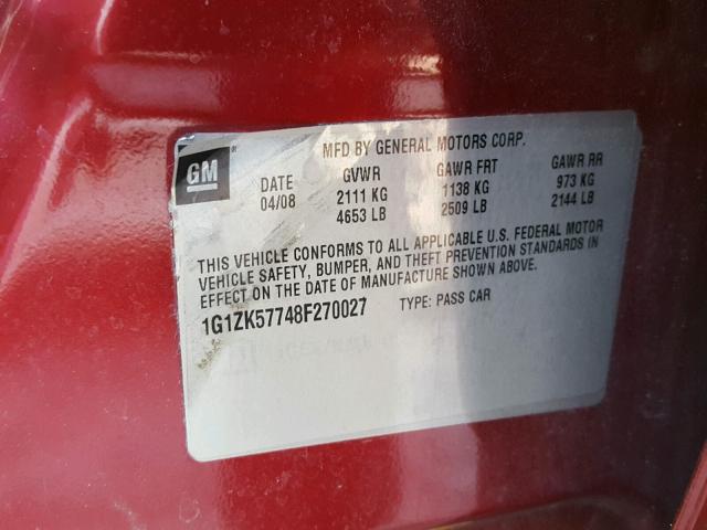 1G1ZK57748F270027 - 2008 CHEVROLET MALIBU LTZ 红色 照片 10