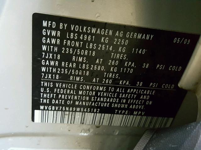 WVGBV75N89W545182 - 2009 VOLKSWAGEN TIGUAN SE SILVER photo 10