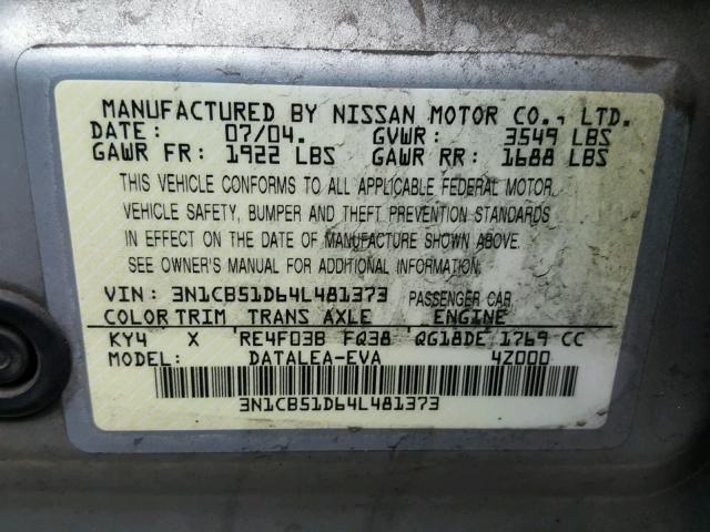 3N1CB51D64L481373 - 2004 NISSAN SENTRA 1.8 SILVER photo 10