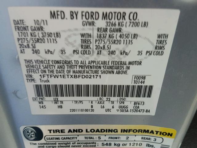 1FTFW1ETXBFD02171 - 2011 FORD F150 SUPER SILVER photo 10