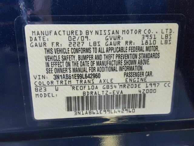 3N1AB61E99L642960 - 2009 NISSAN SENTRA 2.0 BLUE photo 10