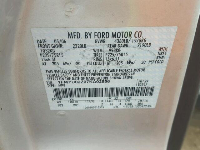 1FMYU02Z97KA02956 - 2007 FORD ESCAPE XLS SILVER photo 10