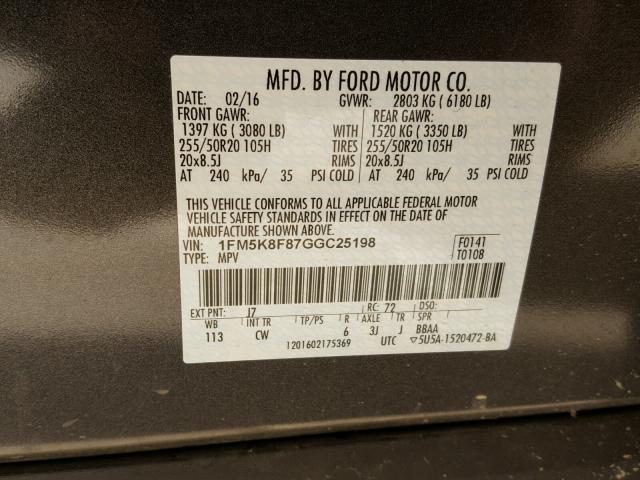 1FM5K8F87GGC25198 - 2016 FORD EXPLORER L CHARCOAL photo 10